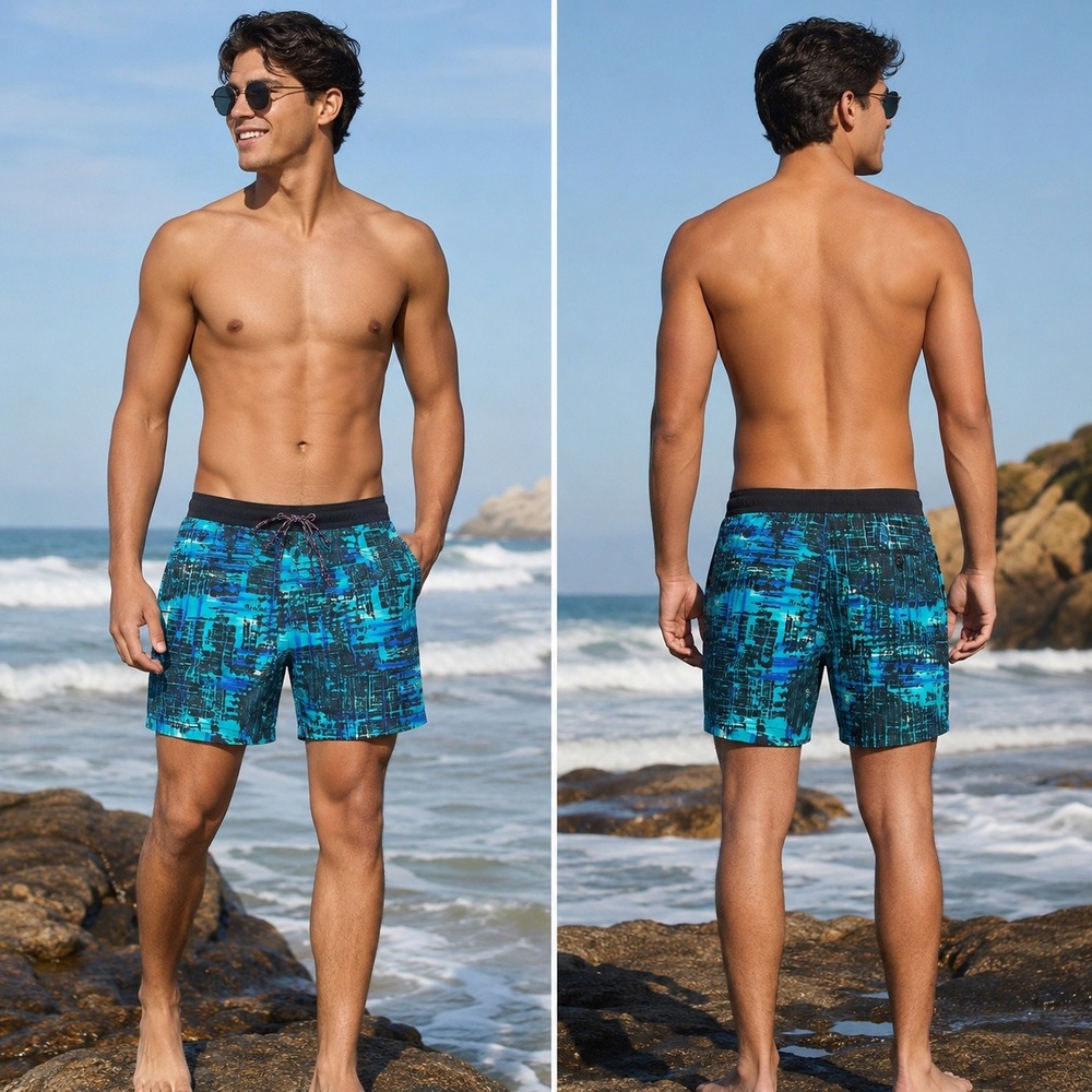 Speedo Mens Swim Trunks Blue Black Abstract Graphic Print Mesh‎ Liner Size Large